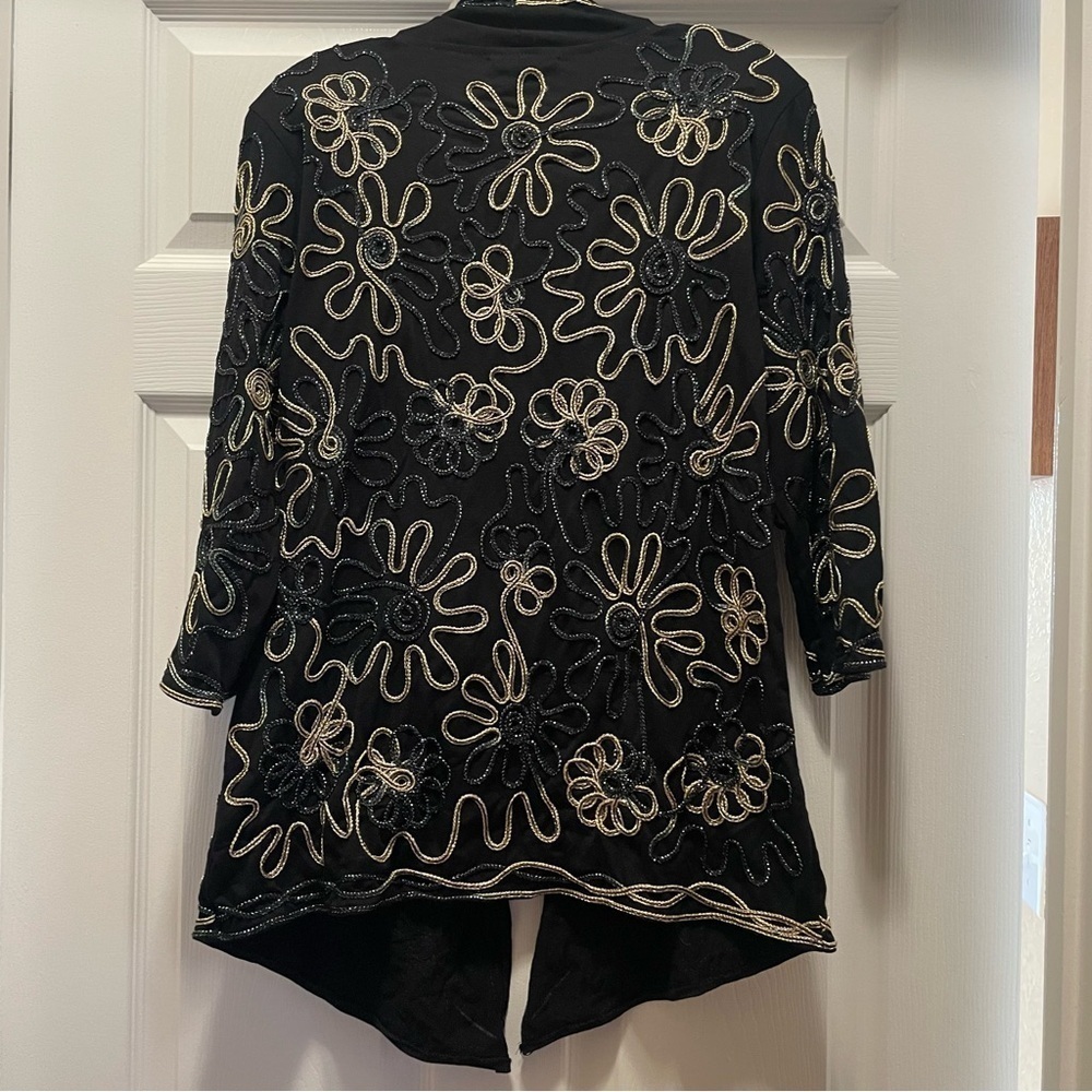 Boho Embroidered Duster Cardigan Black Open Front Floral Jacket Woman's M - Picture 2 of 4